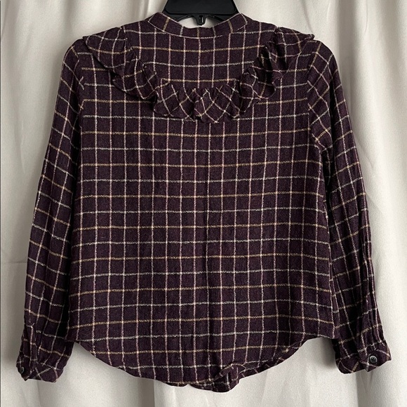 Madewell Purple Plaid Metallic Ruffle Button Down Blouse Size XXS - Picture 3 of 6